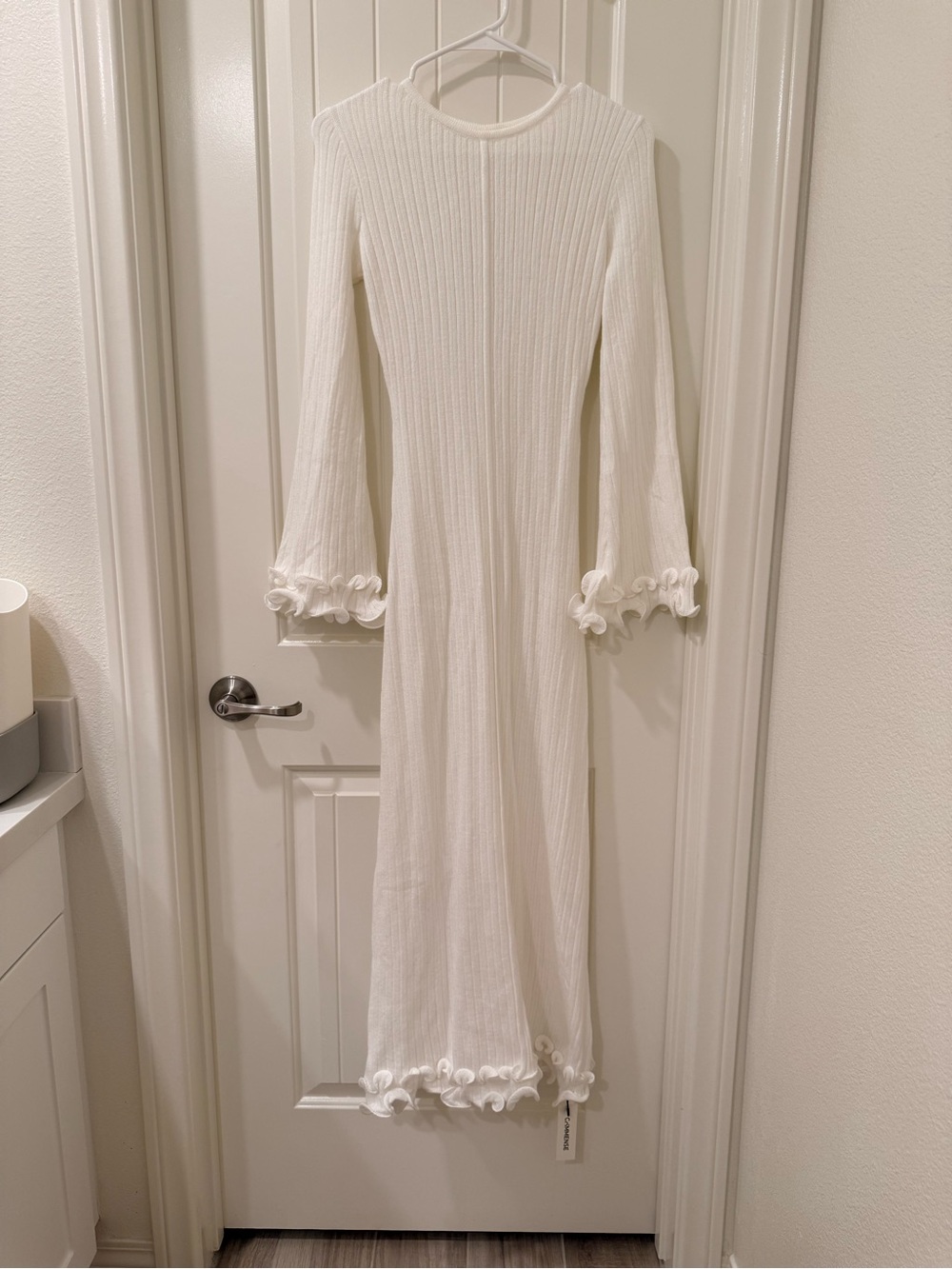 Commense Semi-Sheer Piping Ruffle Drawstring Knit Dress, S